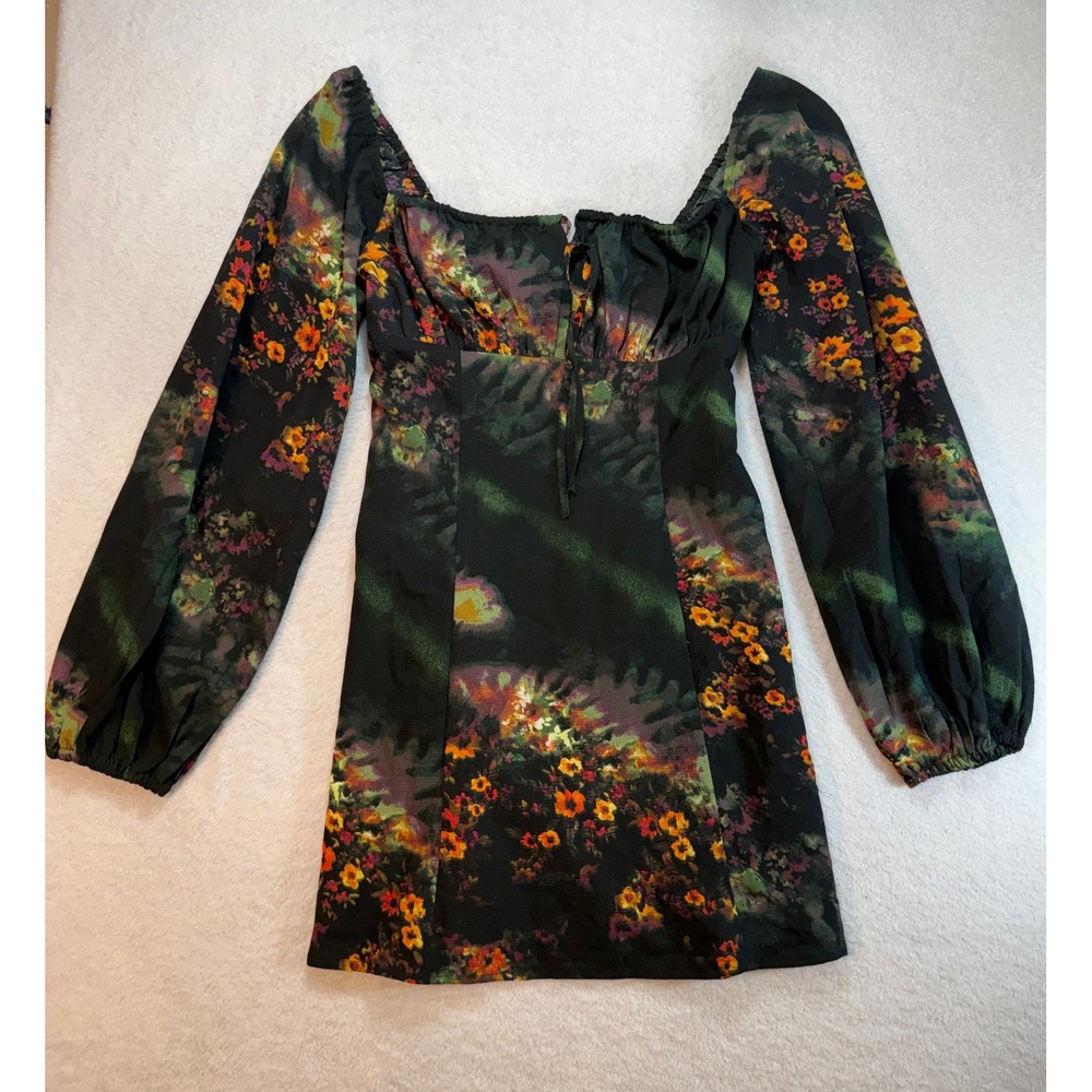 Urban Outfitters Dark Floral Balloon Sleeve Mini Dress Black Multi Size XS - Picture 3 of 10